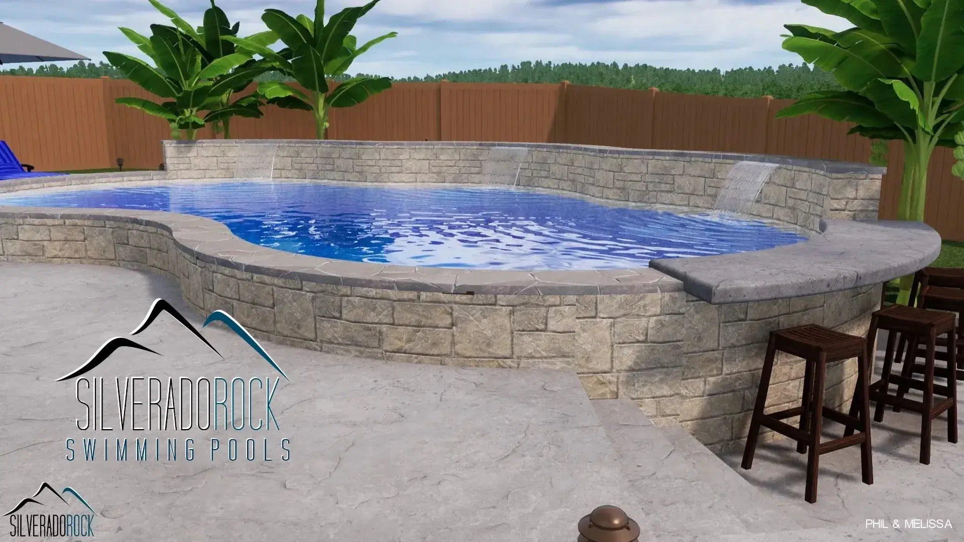 Freeform semi-inground pool with natural rock surround and waterfall — Tulsa, OK