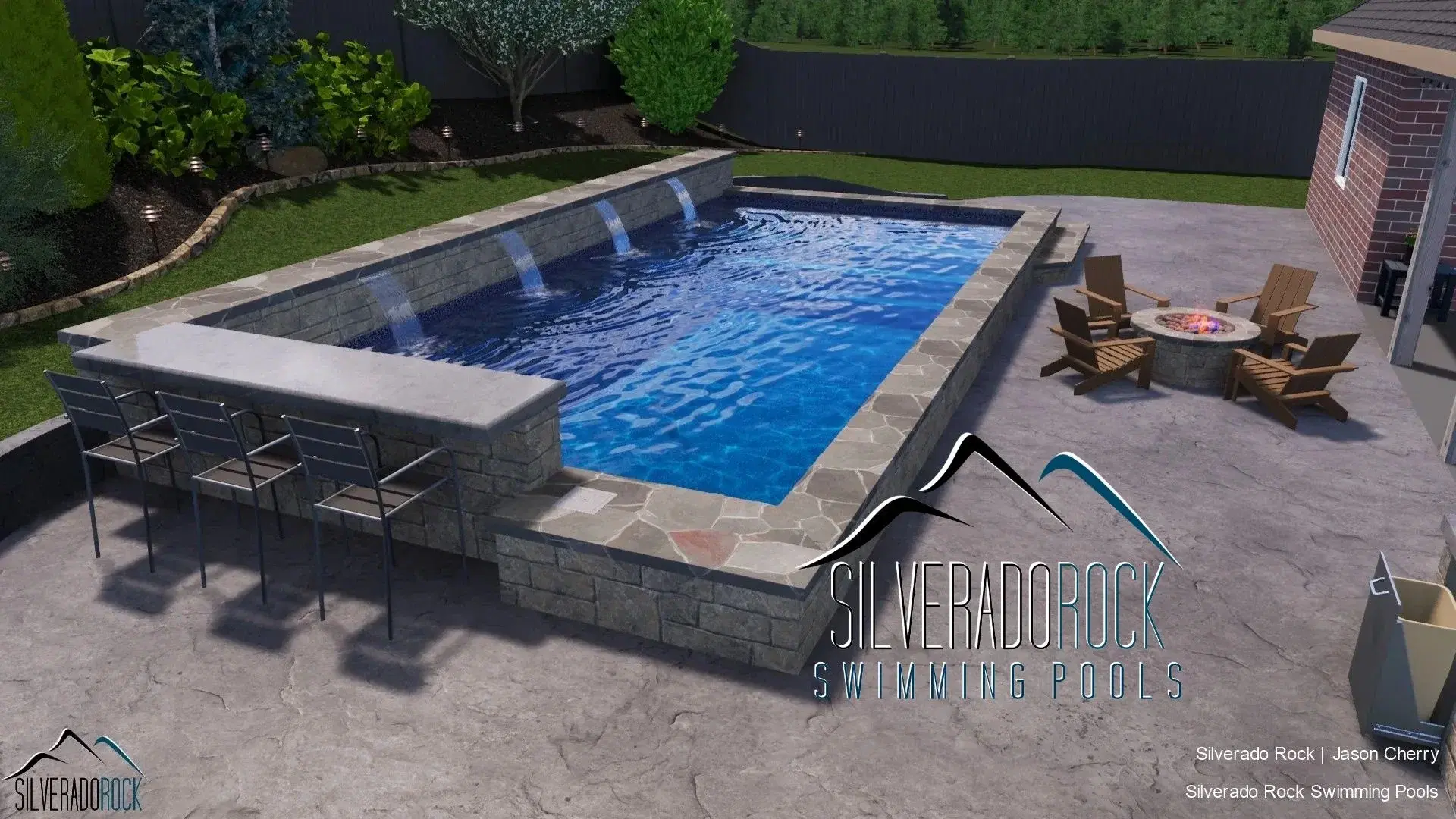 Rectangle pool special — 14x28 semi-inground pool with 3-ft waterfall wall, snack bar, and rock surround in Tulsa, OK
