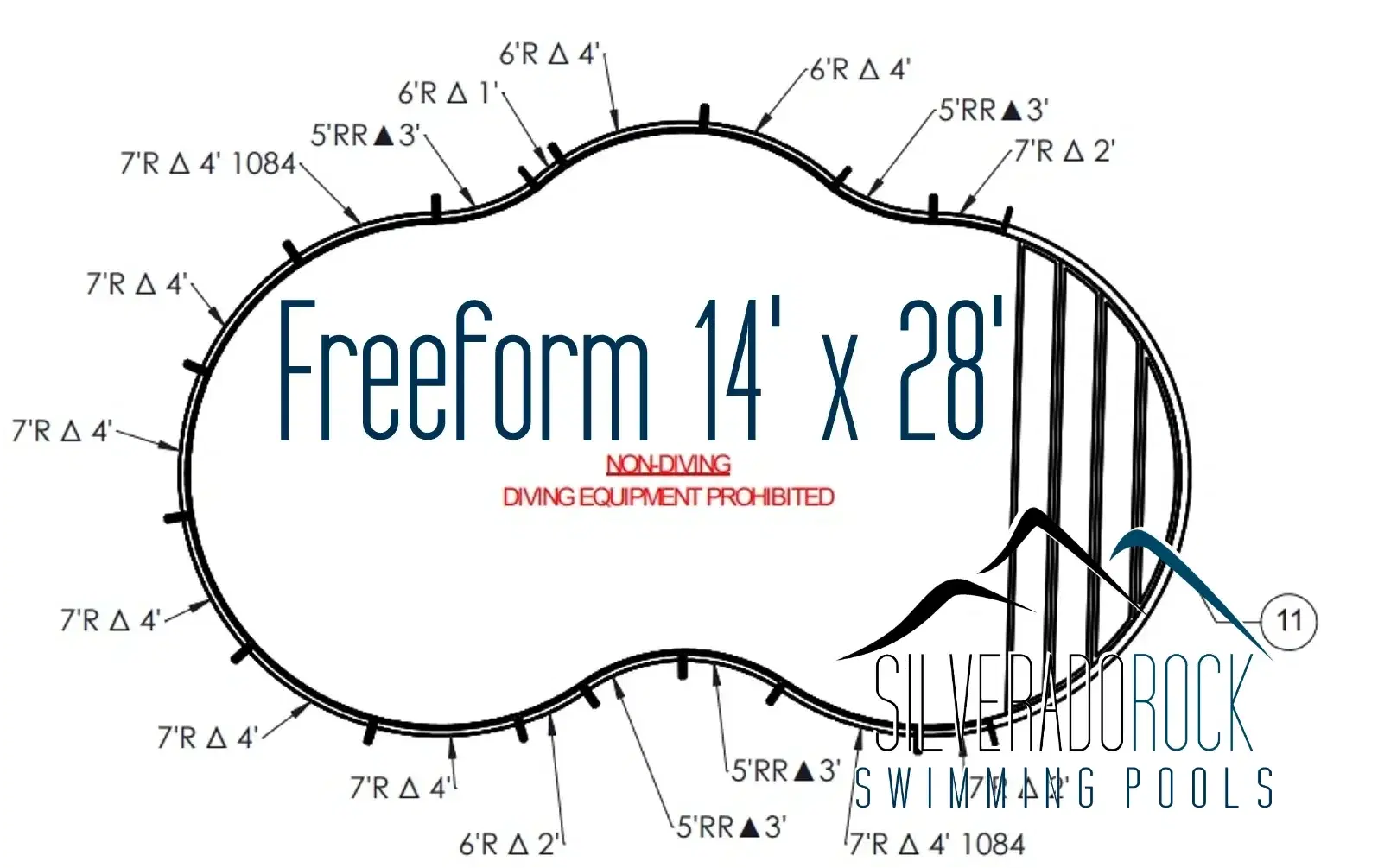 Freeform 14x28 pool schematic and depth layout — Silverado Rock