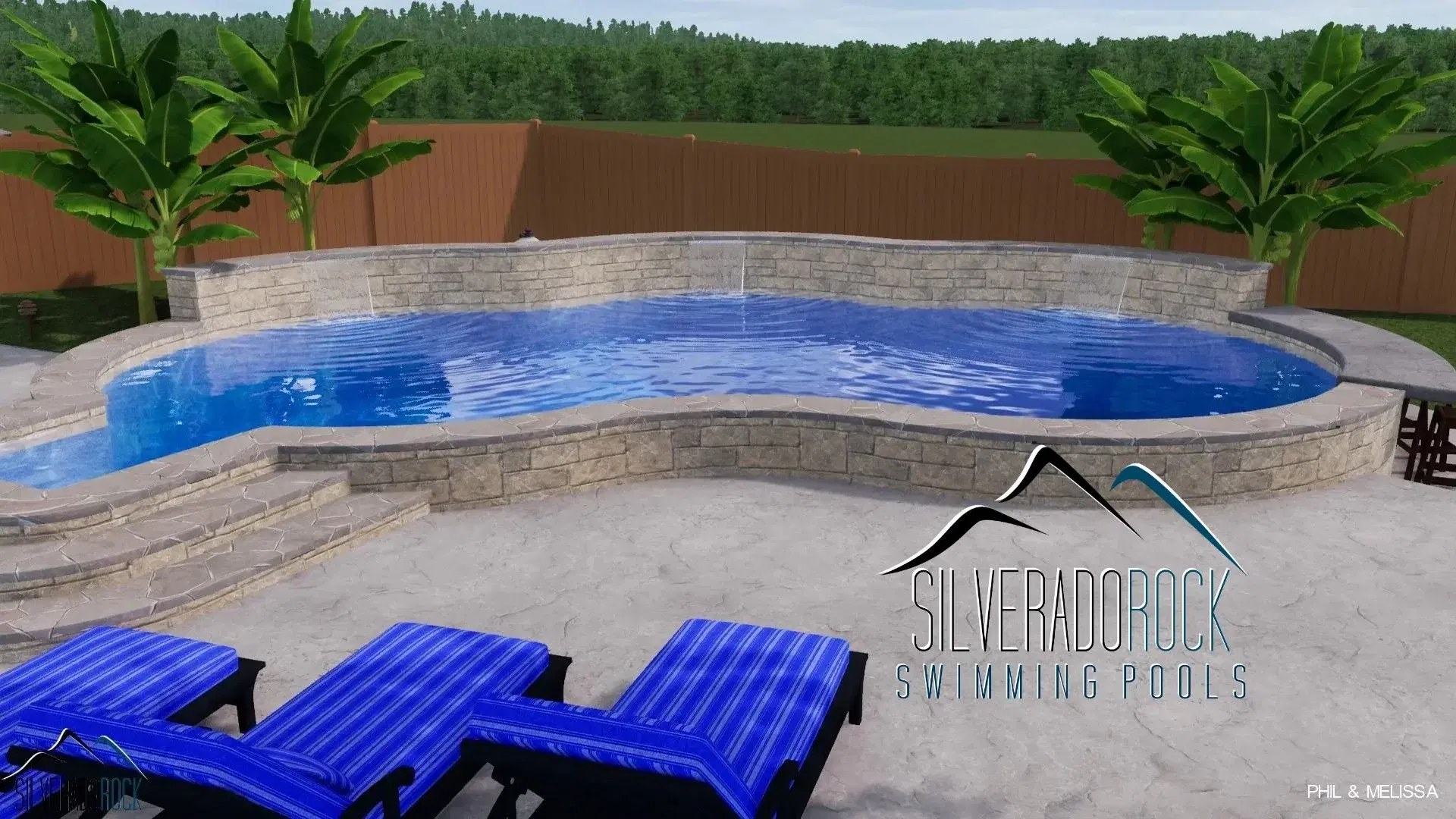 Freeform pool with 3-foot waterfall wall and lounge chairs — Tulsa, OK