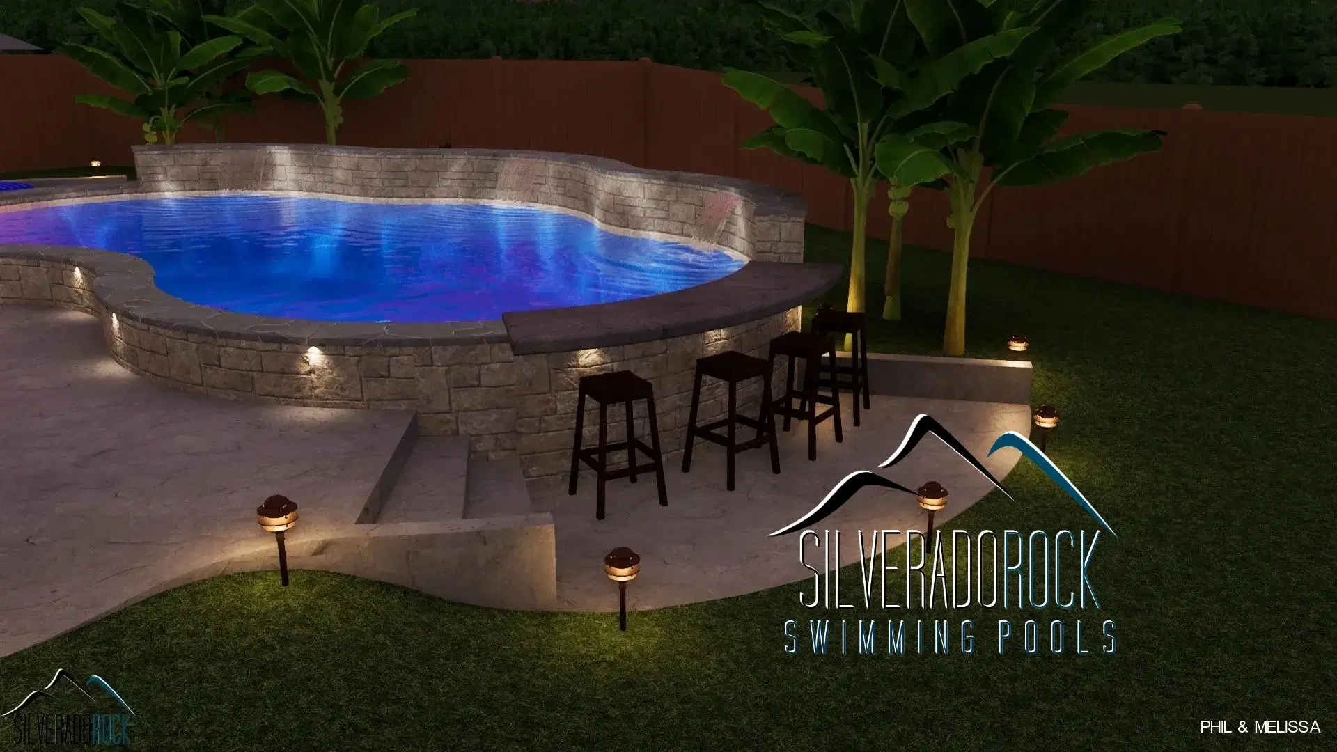Freeform pool with poolside snack bar and landscape lighting at night — Tulsa, OK