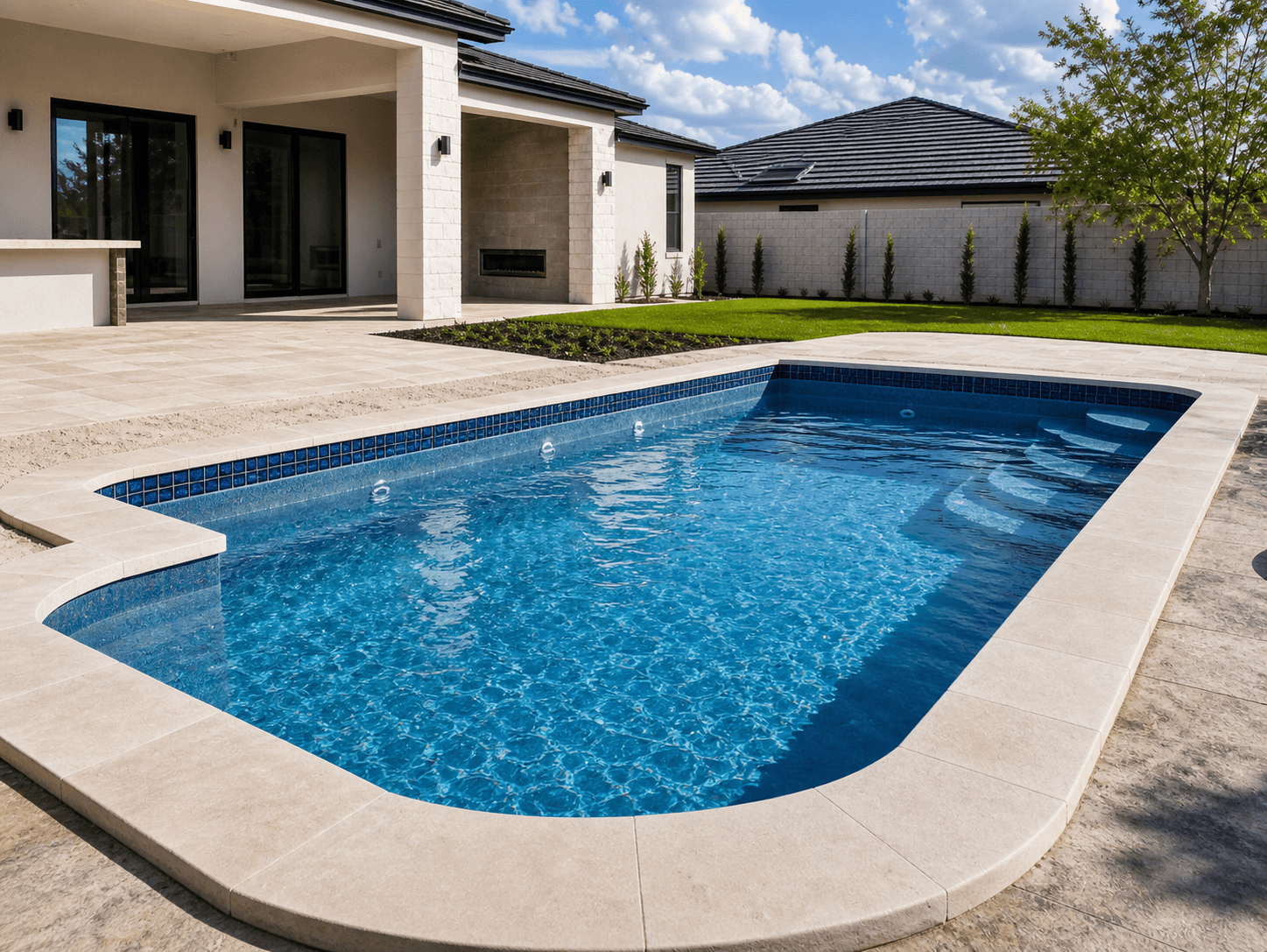 Completed vinyl pool with stamped concrete deck in Bixby OK