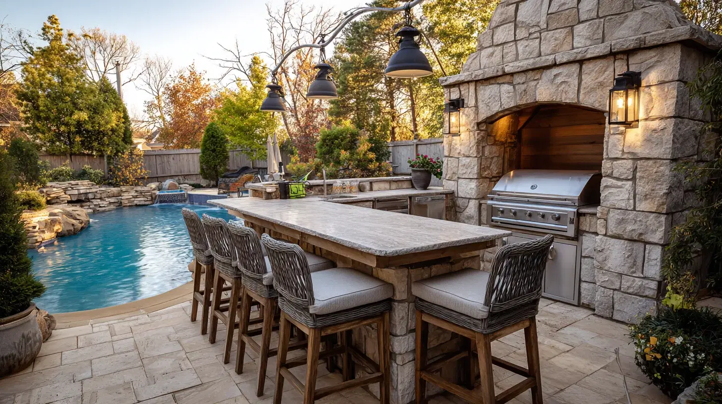 Custom outdoor kitchen and outdoor living space built by Silverado Rock Pools in Bixby, OK