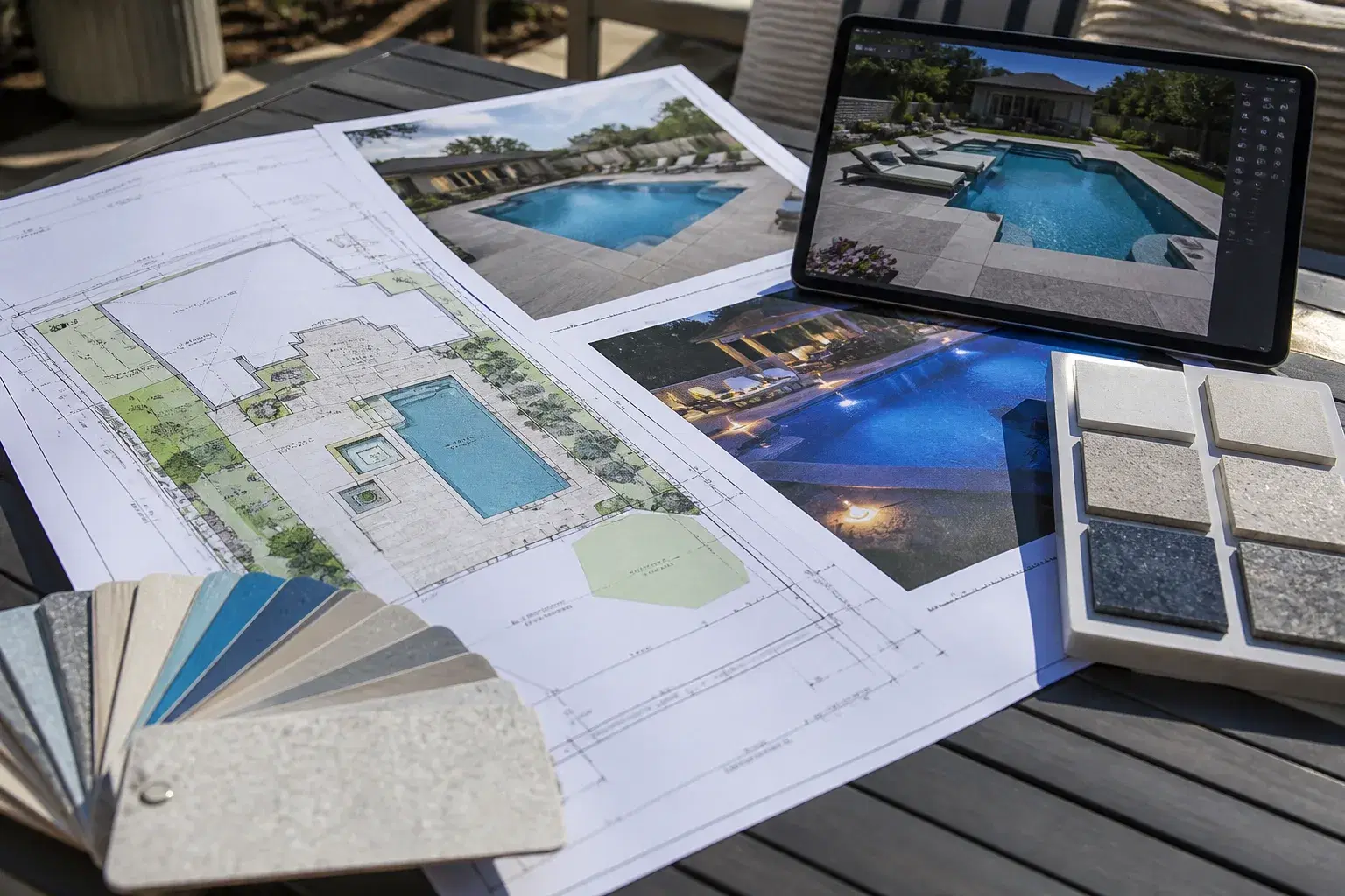 Pool design blueprints and 3D rendering session