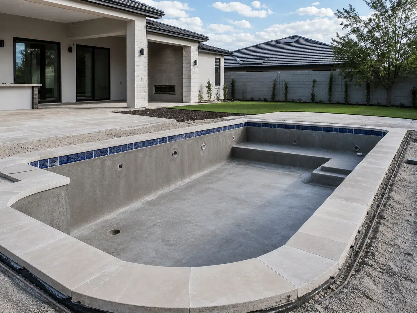 Finished pool shell with tile and coping installation